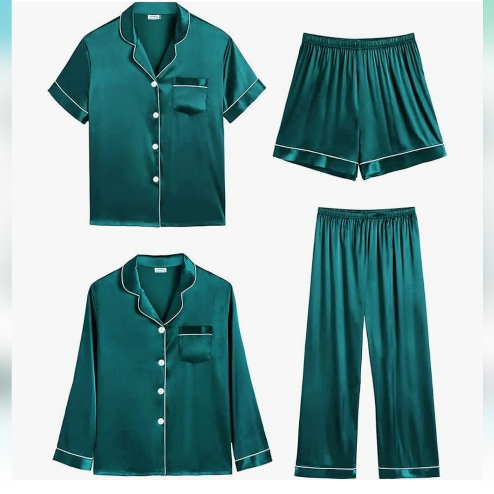 SWOMOG KIDS 4Pcs Silk Pajamas Set Button Down Sleepwear Loungewear Pj Sets
